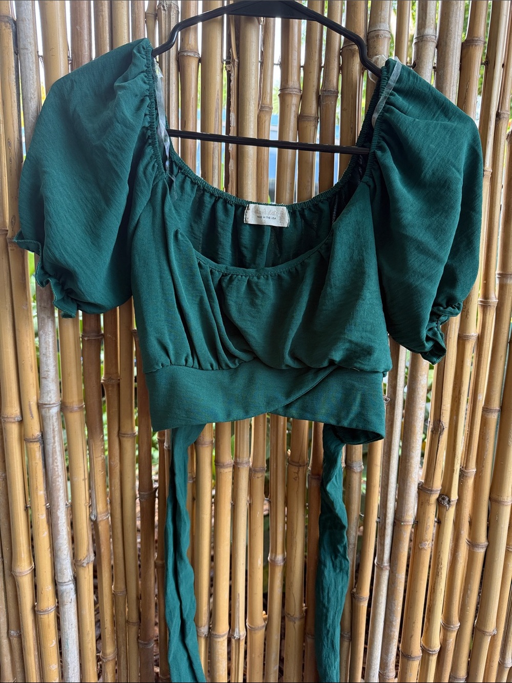 Altar'd State Deep Green Puff-Sleeve Wrap Crop Top